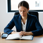 A professional businesswoman in a modest business suit, sitting calmly at a minimalist desk with a single, open notebook. The background features a clean, uncluttered office space with soft natural light streaming through a window, emphasizing mental clarity and focused work. The scene captures a sense of peace and efficiency. safe for work, appropriate content, fully clothed, professional, perfect anatomy, correct proportions, natural pose, well-formed hands, proper finger count, natural body proportions, professional photography, high quality.