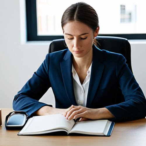 Home 11 A professional businesswoman in a modest business suit, sitting calmly at a minimalist desk with a single, open notebook. The background features a clean, uncluttered office space with soft natural light streaming through a window, emphasizing mental clarity and focused work. The scene captures a sense of peace and efficiency. safe for work, appropriate content, fully clothed, professional, perfect anatomy, correct proportions, natural pose, well-formed hands, proper finger count, natural body proportions, professional photography, high quality.