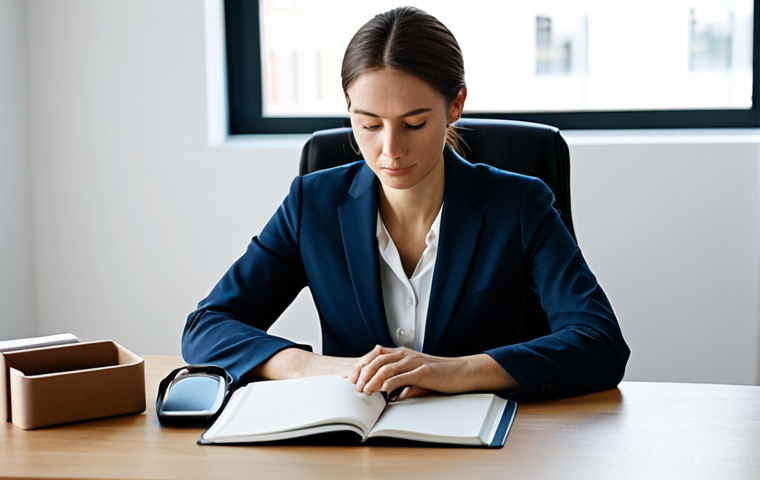 A professional businesswoman in a modest business suit, sitting calmly at a minimalist desk with a single, open notebook. The background features a clean, uncluttered office space with soft natural light streaming through a window, emphasizing mental clarity and focused work. The scene captures a sense of peace and efficiency. safe for work, appropriate content, fully clothed, professional, perfect anatomy, correct proportions, natural pose, well-formed hands, proper finger count, natural body proportions, professional photography, high quality.