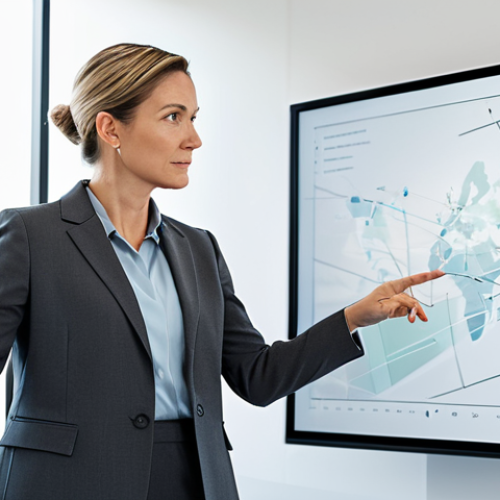 Home 6 A confident professional female leader in her mid-30s, wearing a modest, sharp charcoal grey business suit, standing in a bright, modern, minimalist office. She is gesturing towards a large, clean digital display that shows a simplified strategic roadmap, emphasizing clarity and focus. Her expression is determined and thoughtful. The office environment features clean lines, subtle calming colors, and natural light from a large window. Professional photography, high-resolution, crisp focus, intricate details, perfect anatomy, correct proportions, well-formed hands, proper finger count, natural body proportions, safe for work, appropriate content, fully clothed, professional, modest, family-friendly.