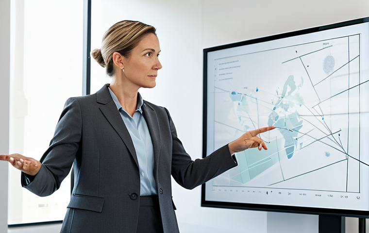 A confident professional female leader in her mid-30s, wearing a modest, sharp charcoal grey business suit, standing in a bright, modern, minimalist office. She is gesturing towards a large, clean digital display that shows a simplified strategic roadmap, emphasizing clarity and focus. Her expression is determined and thoughtful. The office environment features clean lines, subtle calming colors, and natural light from a large window. Professional photography, high-resolution, crisp focus, intricate details, perfect anatomy, correct proportions, well-formed hands, proper finger count, natural body proportions, safe for work, appropriate content, fully clothed, professional, modest, family-friendly.